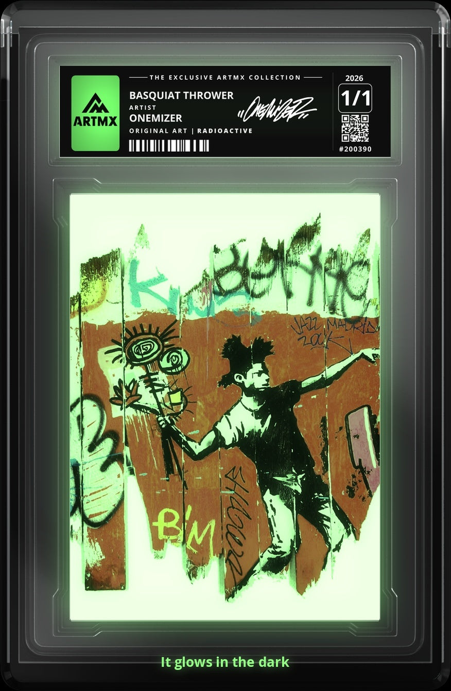 BASQUIAT THROWER by Onemizer — Radioactive — glowing in the dark, close-up